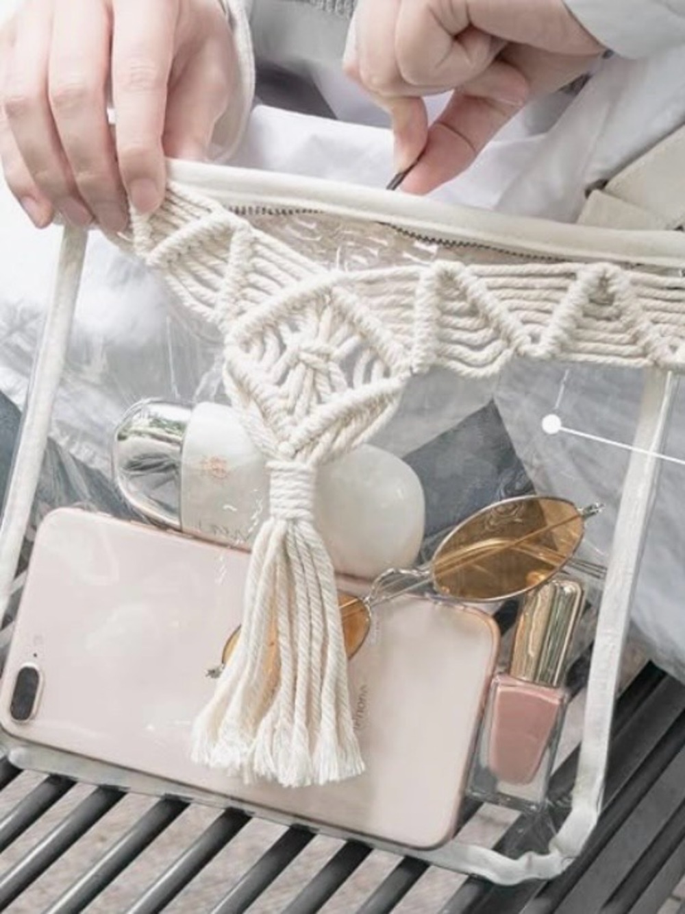 Clear Macramé Trim Crossbody Bag in Cream